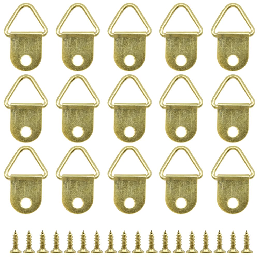 Ruidee 100 Pcs Picture Hanging Kit,Small Triangle Ring Picture Hangers Frame Single Hole Picture Hang with Screws for Hanging Photos Frame Cross Stitch Clock Paintings Mirrors Artwork （Gold/XS）