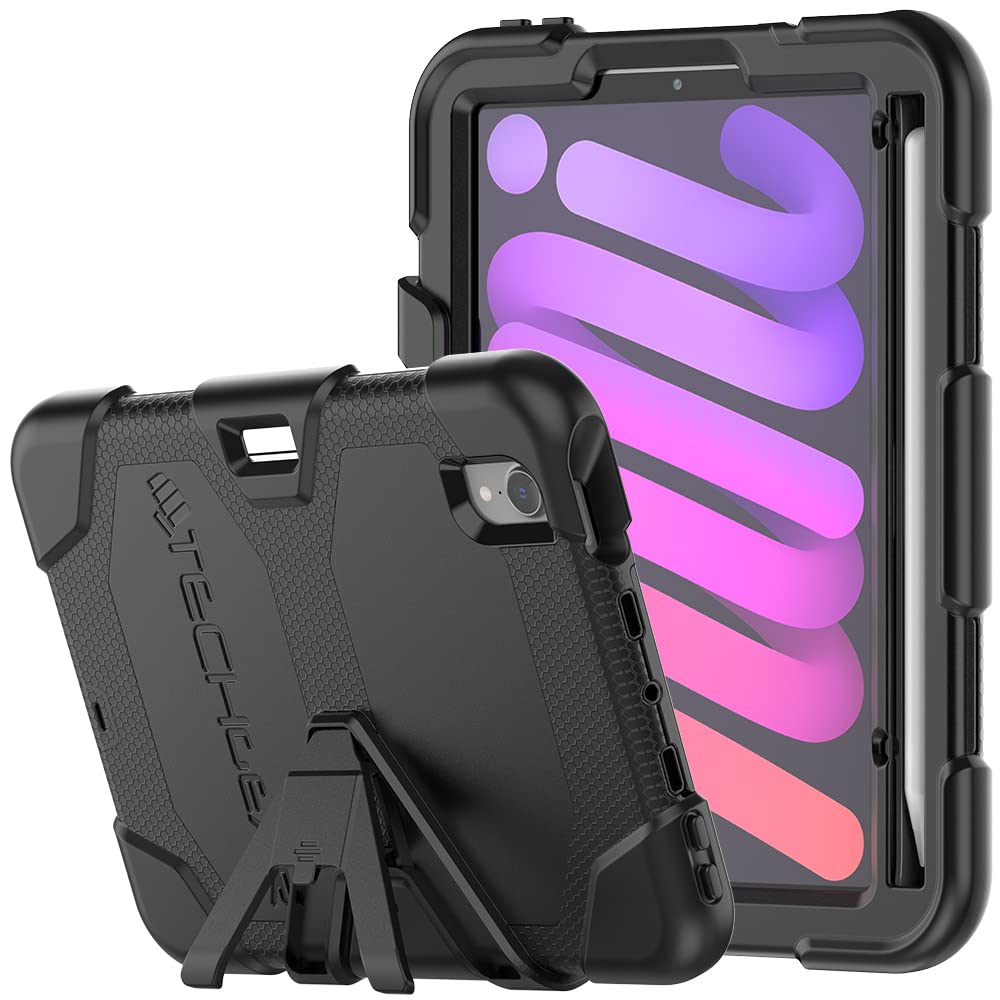 TECHGEAR G-SHOCK Case for iPad Mini 7 2024 & Mini 6 2021 (7th & 6th Gen) - Tough, Heavy Duty Armour, Shockproof with Stand - Kids, Schools, Builders, Restaurant - BLACK