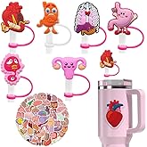 6Pcs Nurse Silicone Straw Cover Cap Compatible with Stanley Cup, Inspirational 10mm Silicone Straw Topper, Cute Funny Dust-Proof Reusable Straw Tips Lids with 65 Stickers, Large
