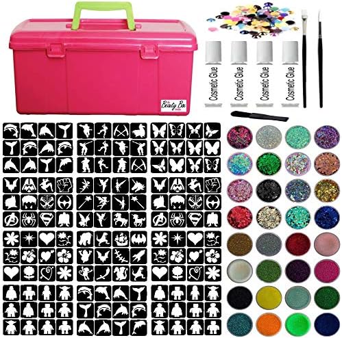 Glitter Tattoo Kit - Jumbo Girls Boys Princess Super Hero 288 Stencils Brushes Glitter Pots Gems Pink Box Adhesive (Complete Kit 47)
