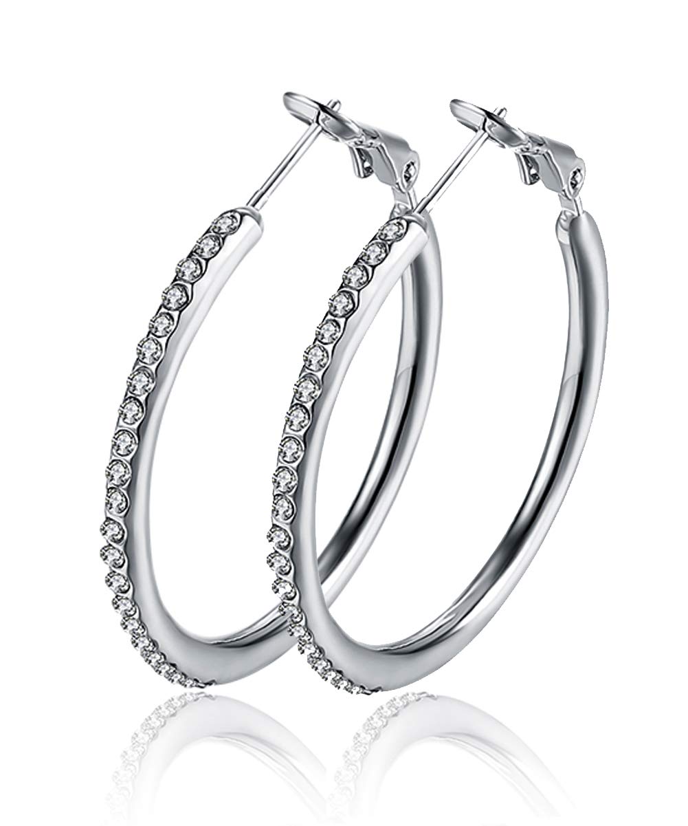 Womens Hoop Earrings Cubic Zirconia, Ladies Jewellery Creole with Silver Plated Friendship Gift for Girls 35mm