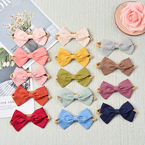 14 Pack Baby Girls Nylon Headbands Linen Hair Bows Hairbands Handmade Hair Accessories for Newborn Infant Toddlers Kids