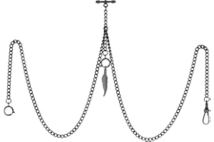 TREEWETO Men's Double Albert Chain Pocket Watch Curb Link Key Chain 3 Hooks with Antique Leaf Pendant Charm Design Copper Fob T Bar