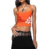 Women Y2K Floral Print Cami Top Sexy Low Cut Spaghetti Straps Vest Summer Slim Fit Streetwear Sleeveless Crop Shirt