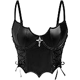 SHENHE Women's Y2k PU Leather Lace Up Spiderweb Lace Gothic Corset Bustier Cami Tank Top