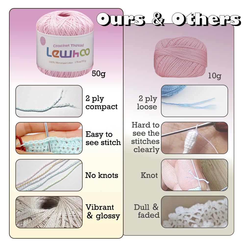 Lewhoo Crochet Thread, 8 Pearl Yarn Balls for Crocheting, 100% Mercerized Cotton Tatting Thread Size 10, Cotton Lace Yarn Hand Embroidery