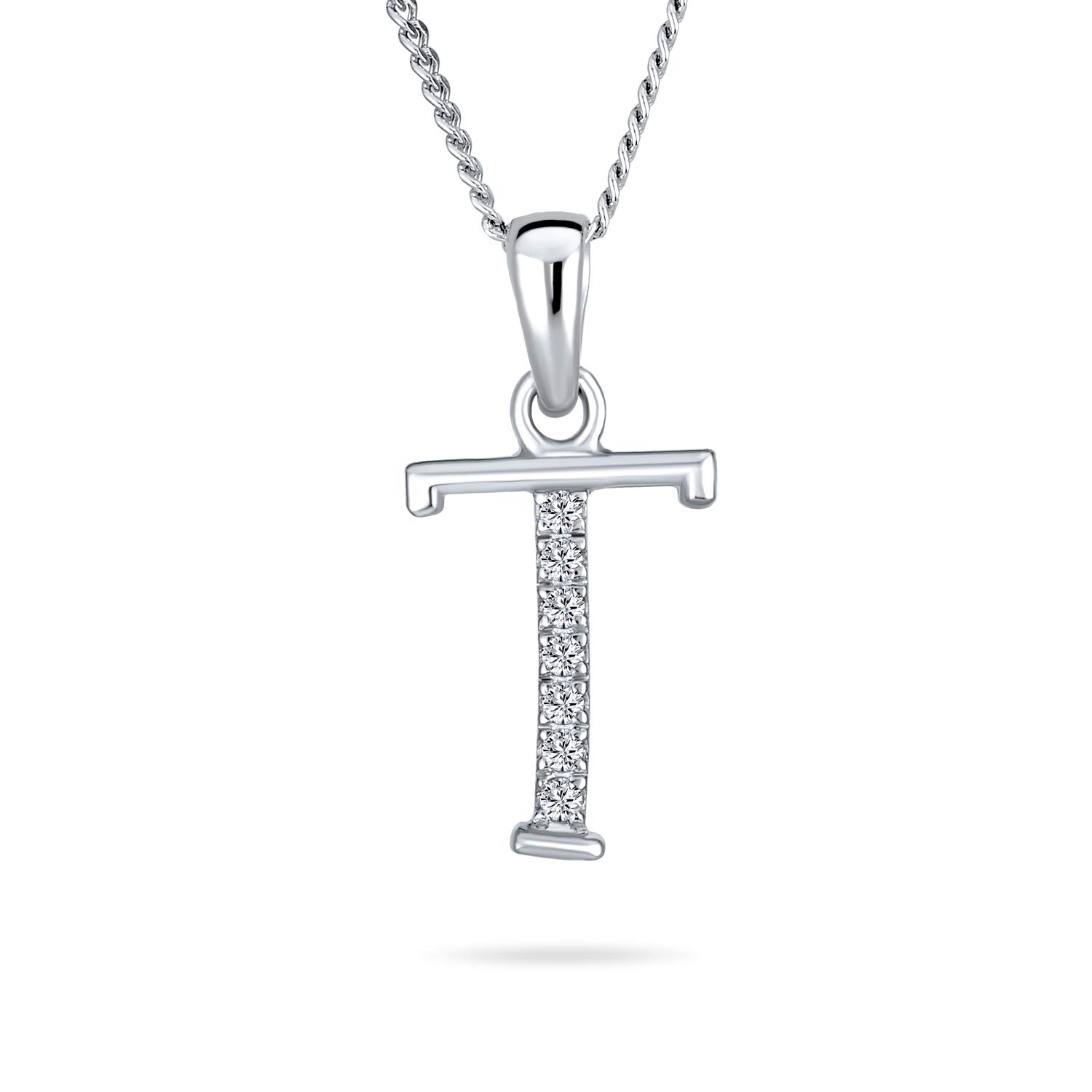 Bling Jewelry Delicate ABC Cubic Zirconia Pave CZ Capital Block Letter Alphabet Initial T Pendant Necklace For Women Sterling Silver