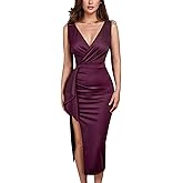 CurvySweet Deep V Neck Wrap Formal Midi Cocktail Dress Sleeveless Thigh Slit Ruffle Ruched Fall Wedding Guest Dress for Women