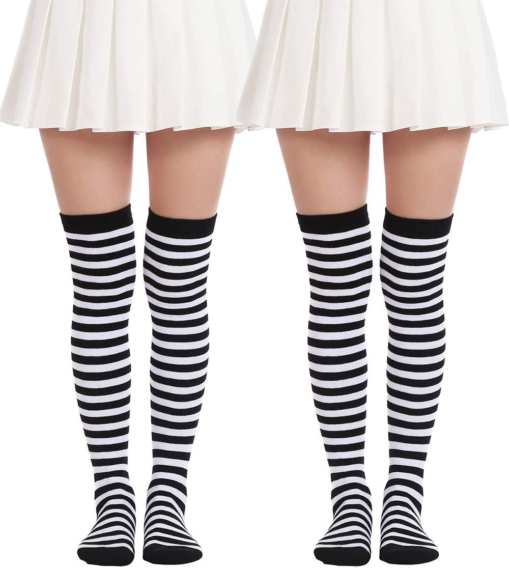 Women’s Over Knee Long Sock Striped Thigh High Socks Girl Long Knitting Socks Cute Cosplay Stockings (2 Pairs Black White socks)