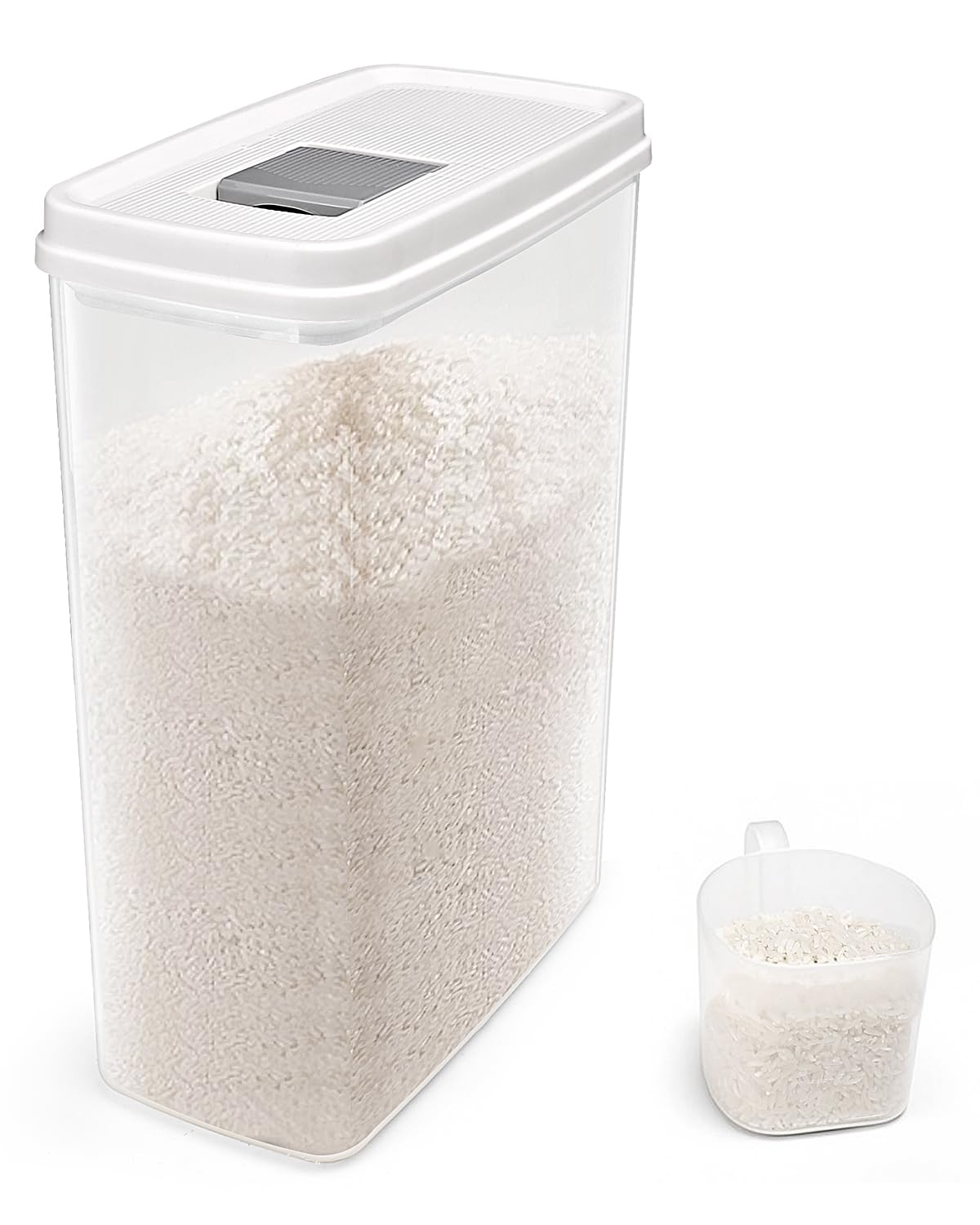 Photo 1 of 10 Lbs Slim Rice Container - Airtight Food Storage Container with Cup - Food-Grade Plastic Cereal Container Dry Food Dispenser for 7 Lbs Flours, 5 Lbs Dog or Cat Foods - Pantry Organizers and Storage