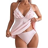 Verdusa Women's 2 Piece Ruffle Cute Tankini Swimsuits Tummy Control Halter Babydoll Tops with Bottoms