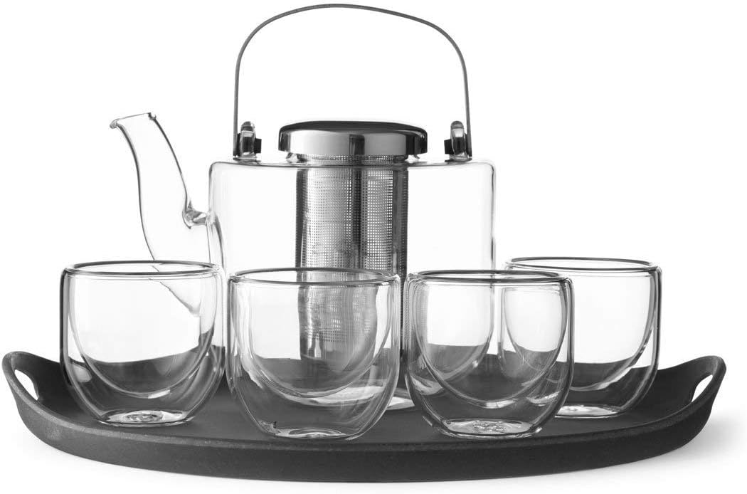 Tea Set Glass: teapot with Strainer, 4 Small Tea Cups Made of Borosilicate Glass and Serving Tray Grey, Dishwasher Safe, drip-, 0.75 L