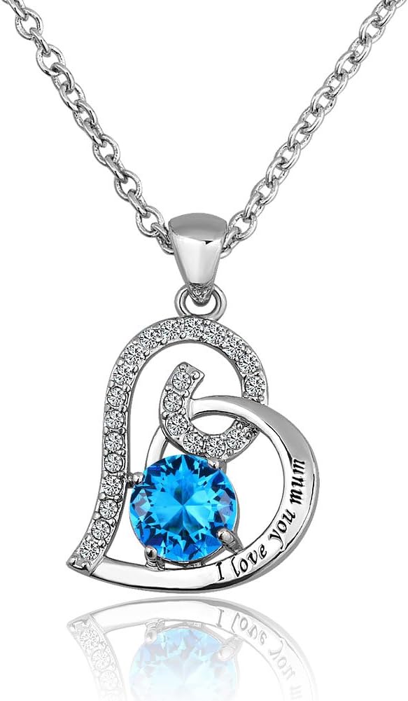 Mum I Love You Heart Birthstone Pendant Necklace Chain
