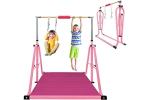 GLANT Gymnastics Bar for Kids with Rings Set, 7 Heights Adjustable Easy Folding Gymnastic Training Bar Kids Monkey Horizontal Bars - Max Load 300LBS