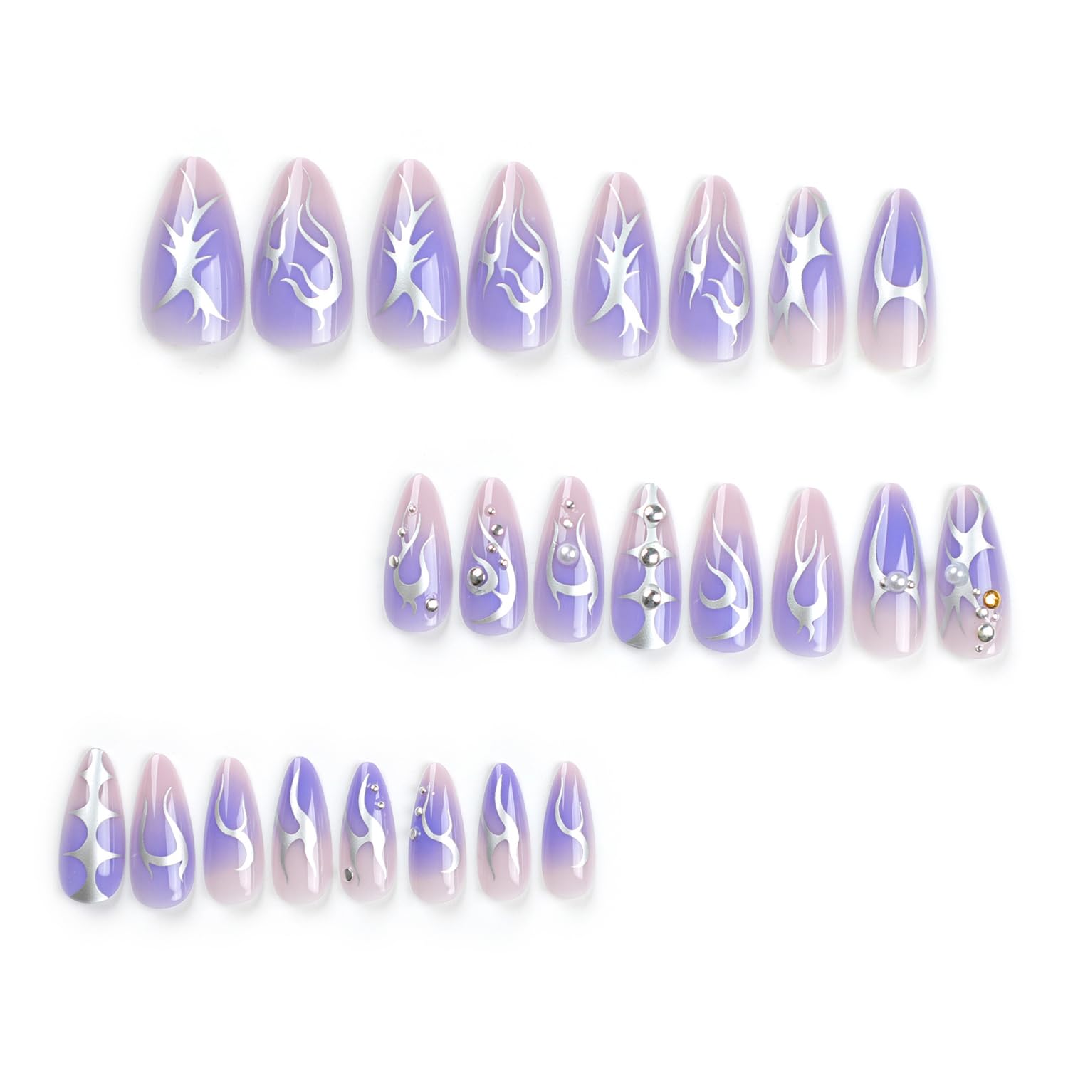 24 Pcs Purple Press on Almond Fake Nails - Pearl Designs, Glossy Full Cover Stick on Nails for Women - Image 4