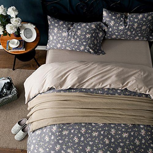 300TC [farmhouse style] Pure cotton Plants and flowers [A family of four](1Duvet cover 1Flat sheets 2Pillow)-E King