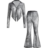 winkbay Women's 2 Piece Gong Out Outfits Y2k Mesh Printed Button Front Long Sleeve Top and Flare Pants Set