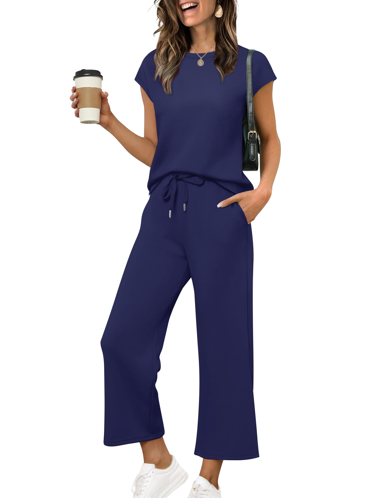 Photo 1 of SAMPEEL Women's 2 Piece Sets Casual Cozy Wide Leg Pants Matching Sets Women Clothing Business Casual Outfits Travel Airport Royal Blue S