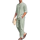 COOFANDY Men's 2 Pieces Cotton Linen Set Long Sleeve Henley Shirts Casual Beach Pants With Pockets Summer Yoga Outfits