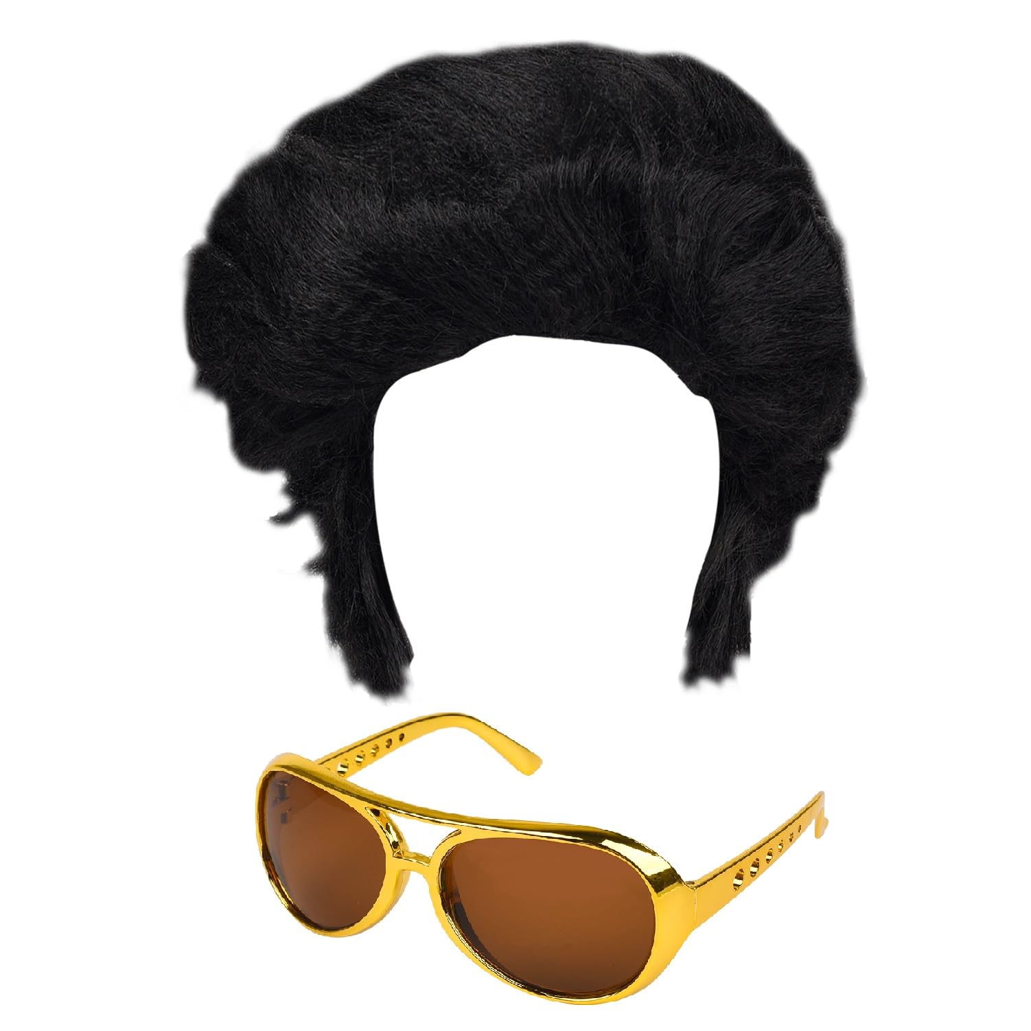 MFUOE 2 Pieces Fun Shack Mens Set Gold Rockstar Glasses 1950s Boy Wig Movie Star Hair Accessory for Party Supplies Photo Cosplay Props Hippie Costume Accessories