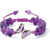 GolbalJew Amethyst Bracelet For Women Anxiety Amethyst Beaded Bracelets Butterfly Charms Healing Stone Layered Bracelet Gifts For Women