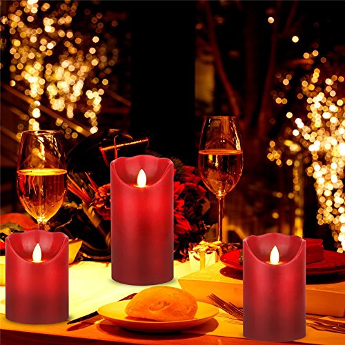 HEIOKEY LED Flameless Candle Set of 3 (4" 5" 6") Red Dripless Real Wax
