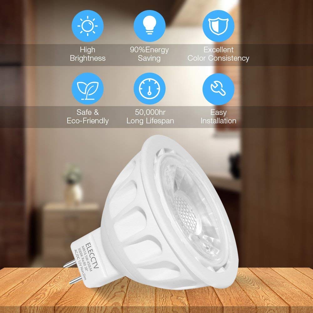 ELECCTV LED Bulbs 5W 420lm 3000K Warm White 38° Beam Angle Non-Dimmable MR16 LED Spotlights 50W Halogen Bulbs Equivalent, Pack of 6