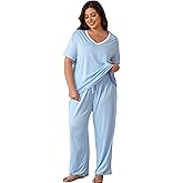 Givtzzod Plus Size Women Pajama Sets Short Sleeve Long Pants Solid Color Sleepwear V Neck Casual Lounge Sets Nighty