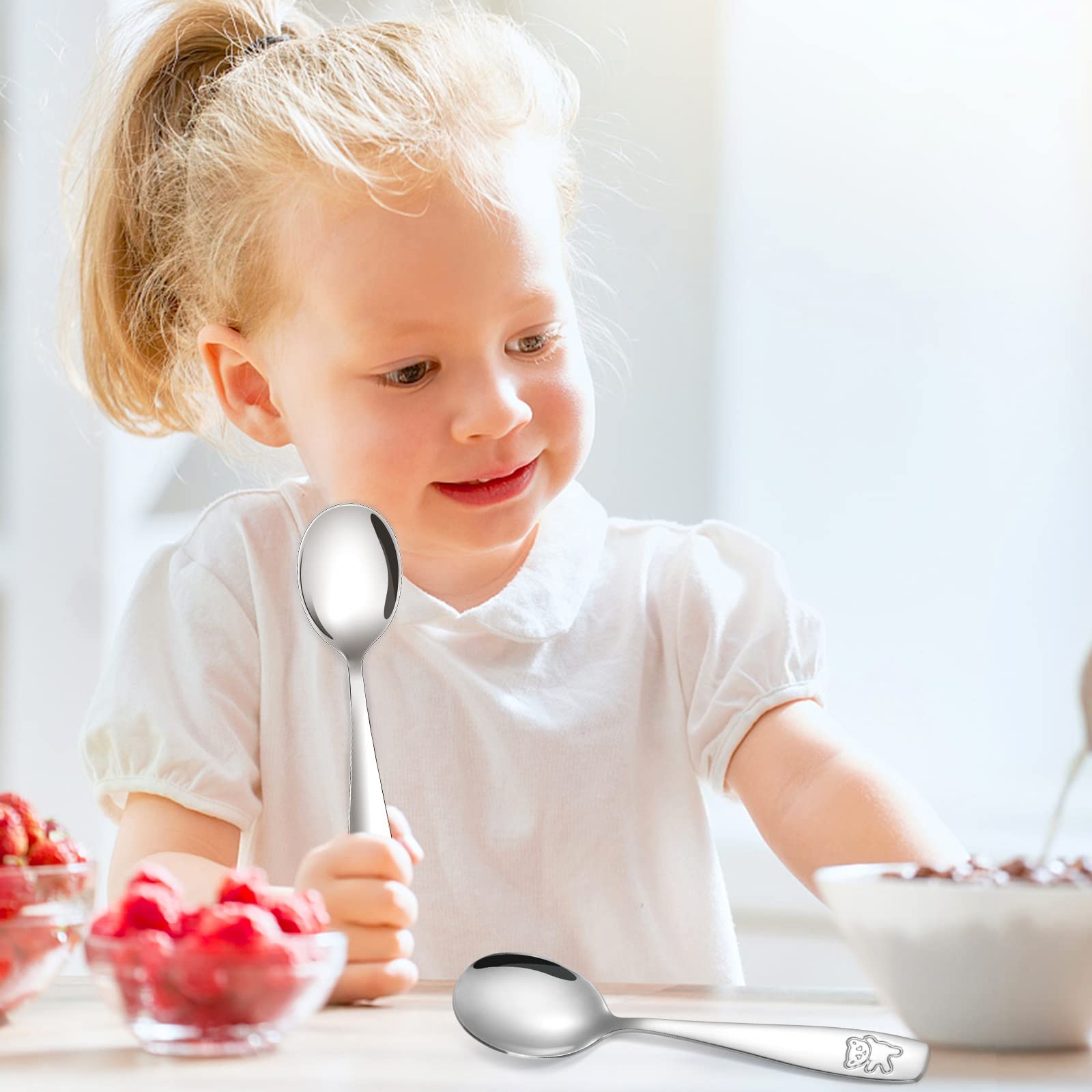 Pimoys 9 Pieces Toddler Spoons Kids Spoons, Kids Silverware Stainless Steel Toddler Utensils Metal Kids Cutlery Set Baby and Children Safe Flatware, Perfect for Small Hands