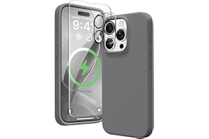 GONEZ for iPhone 15 Pro Max Case Silicone, Compatible with Magsafe, 2X Camera Protector + 2X Screen Protector, Soft Anti-Scratch Microfiber Lining, Liquid Silicone Shockproof Phone Cover, Grey