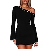 OZICERD Off The Shoulder Mini Dresses for Women Bell Long Sleeve Bodycon Eyelet Cutout Rave Party Club Going Out Dress