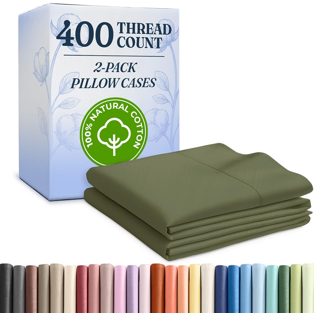 Photo 1 of 100% Cotton Pillow Cases Queen Size - Cooling, Breathable & Soft Pillowcase Covers Set of 2-400 Thread Count Cotton - Wrinkle Free - Machine Washable Protectors - Luxury Hotel Bedding - Sage Green