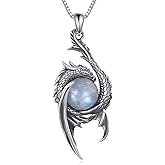 MILKYX Genuine Moonstone Dragon Pendant Necklace, Sterling Silver Real Round Gemstone Punk Jewelry for Women