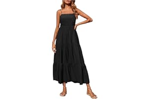 FZYLQY Womens Bohemian Dresses Spaghetti Strap Smocked Tiered Long Beach Sundresses Summer Sleeveless Solid Flowy Maxi Dress