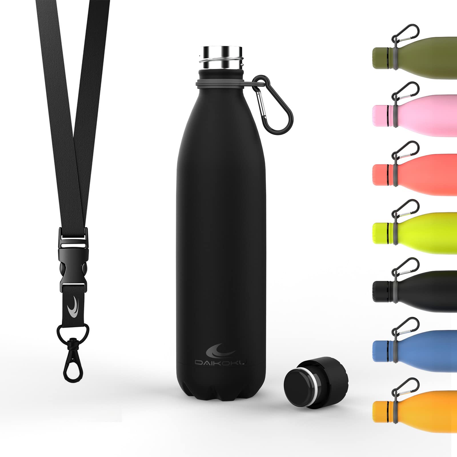 Daikoku Stainless Steel Bottle + Adjustable Strap + Carabiner, BPA Free Double Walled Thermos, Reusable Water Bottle, Airtight Cap, Colour Black, Capacity 750 ML