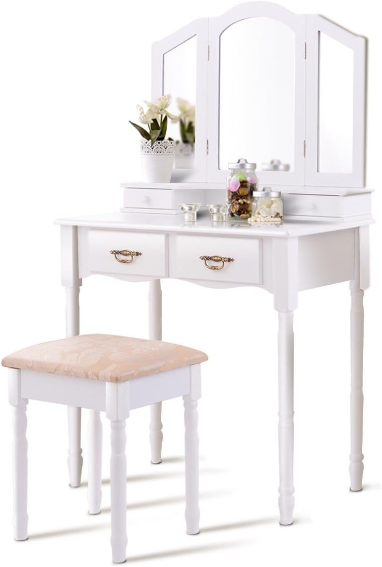 Vanity Set, WATERJOY Tri-Folding Mirror Makeup Vanity Table Set with Cushioned Stool Mirror Table Set Home Furniture 4 Drawer (White)