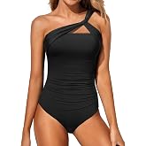 Women's One Shoulder One Piece Tummy Control Swimsuit Full Coverage | Keyhole Design, Full Coverage Fit, Modest Style, Ruched Waist, Adjustable Shoulder Strap, Removable Soft Cups