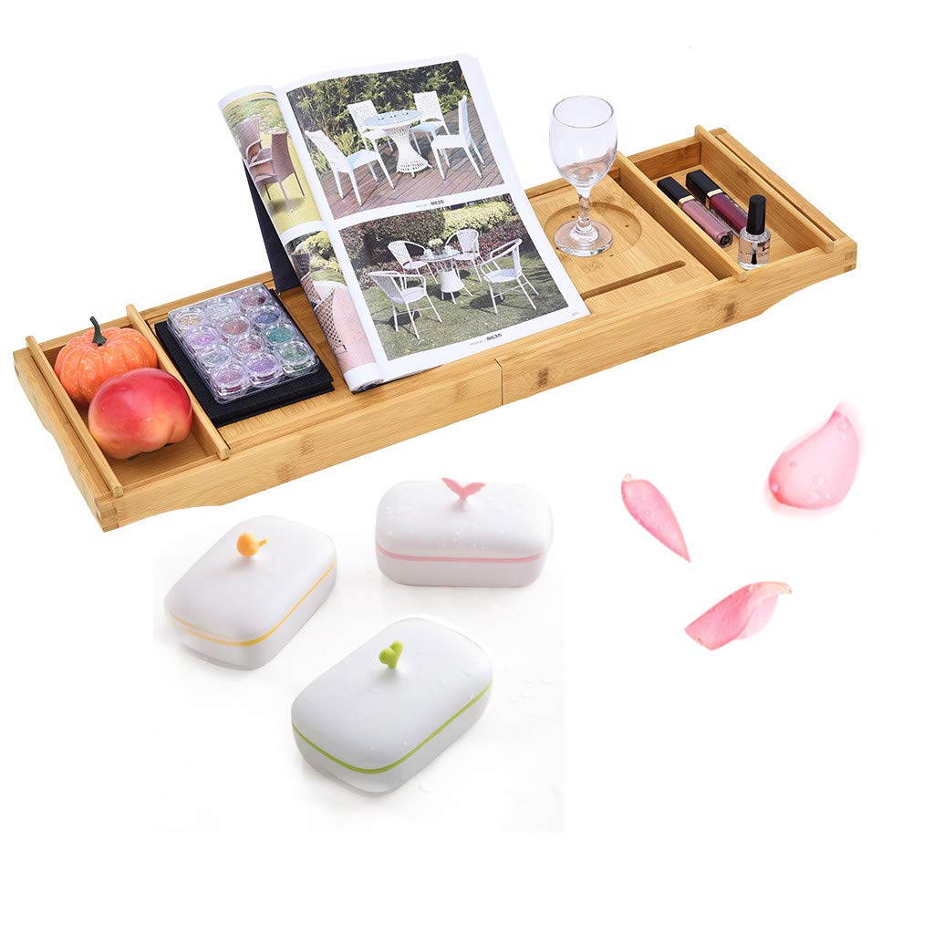 Bamboo Bathtub Caddy Tray with Wine and Book Holder Bamboo One or Two Person Bath Tray Luxury Spa Organizer with Folding Sides Adjustment Breakfast Serving Tray