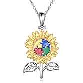 YFN Autism Awareness Necklace Sterling Silver Sunflower Autism Puzzle Piece Pendant Necklace ASD Autism Jewelry For Women Inspirational Autism Awareness Gifts