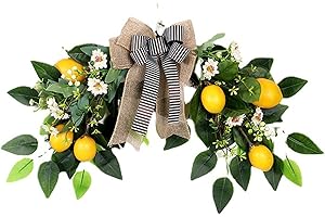 INIFLM Artificial Lemon Flower Swag, 22 Inch Decorative Swag with Yellow Lemons and Green Leaves Ribbon Handmade Faux Floral Garland Swag for Wedding Arch Party Front Door Wall Home Decor