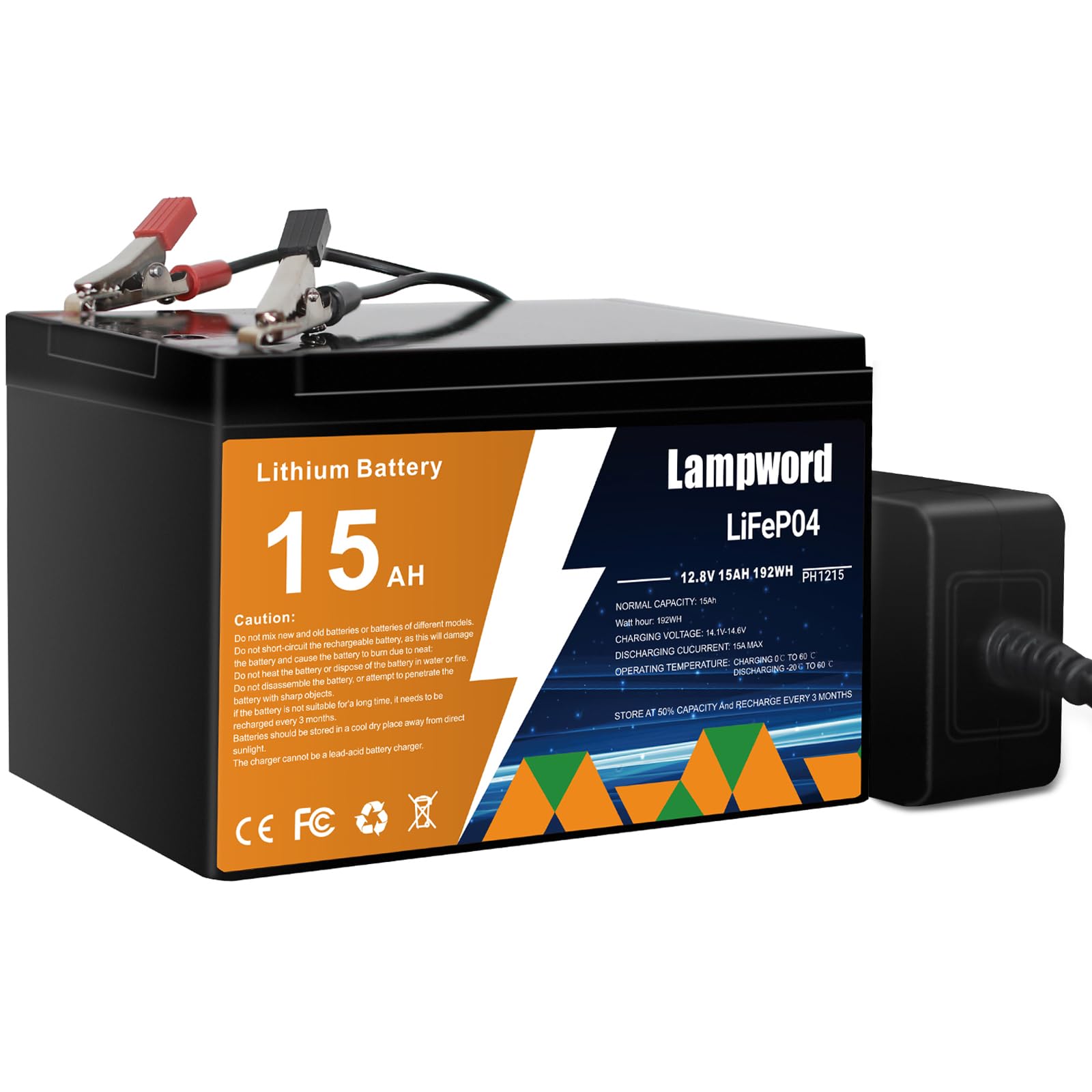 Photo 1 of Lampword Lithium 12V 15Ah LiFePO4 Battery 4000+ Deep Cycle Rechargeable Batteries with Charger for Trolling Motor/Golf Cart/Solar and Wind Power,UPS/RV Battery,Lighting,Fish Finder