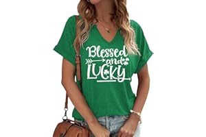 TIXOM St Patrick's Day V Neck Shirts for Womens Irish Shamrock Graphic Tee Funny Lucky Heart Printed Short Sleeve Shirts Tops