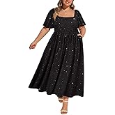 RITERA Plus Size Dresses for Curvy Women Square Neck Short Sleeve Summer Floral Smocked Maxi Dress with Pocket XL-5XL