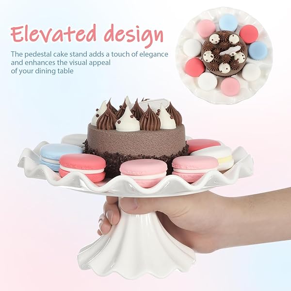 PRETYZOOM CERAMIC CAKE STAND 9.45 INCH WAVY EDGE PEDESTAL CUPCAKE STAND FOR PARTIES WEDDINGS BIRTHDAYS ELEGANT CERAMIC SERVING TRAY DESSERT DISPLAY
