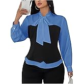 winkbay Women's Plus Size Patchwork Blouses Tie Neck Bishop Long Sleeve Shirt Business Casual Tops