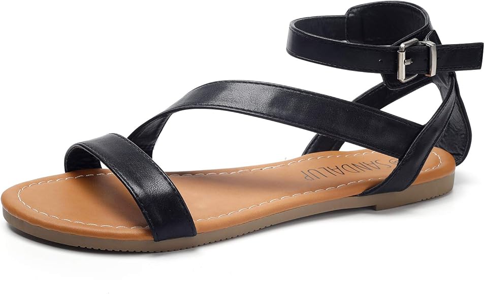 black flat sandals with ankle strap