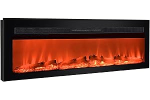KEYGARZONE 50 Inches Electric Fireplace with 20 Realistic Flames, Ultra Thin Wall Mounted Fireplace with Remote Control, Log Set & Crystals, Independent Flame and Heat Control for Year-Round Use, Black