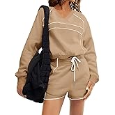 Fisoew Womens Sweatsuits 2 Piece Outfits V Neck Fleece Sweatshirts Contrast High Waisted Shorts Casual Tracksuits Lounge Sets