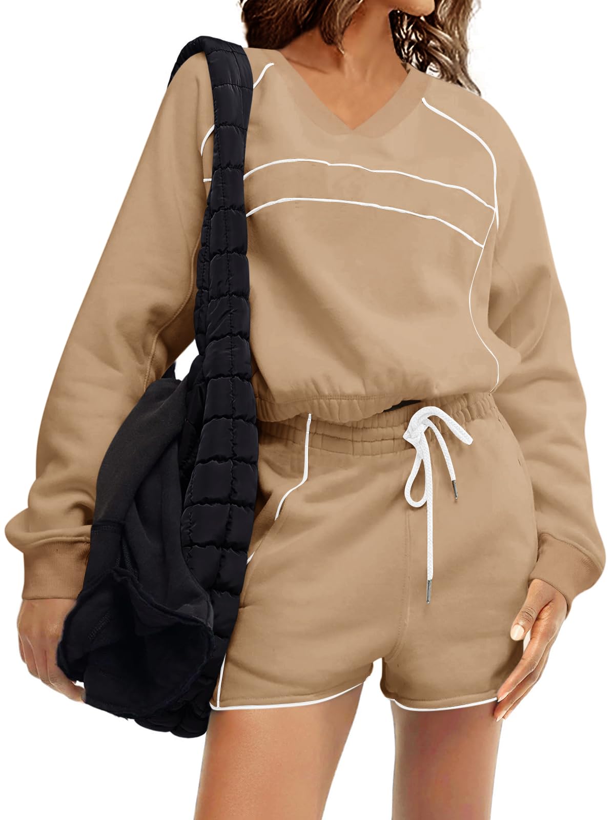 Photo 1 of ***TOP IS MEDIUM*BOTTOM IS LARGE***Fisoew Womens Sweatsuits 2 Piece Outfits V Neck Workout Set Fleece Sweatshirts Contrast High Waisted Shorts Casual Tracksuits Lounge Sets ***TOP IS MEDIUM*BOTTOM IS LARGE***