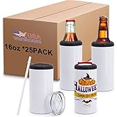 ZREGGUR 25packs 16oz 4-in-1 Can Cooler sublimation Blank tumblers with 2 lid and straw,White Double Wall Stainless Steel Insulated Can Holder,for Below 350ml Standard Cans,Beer Bottles,skinny jar